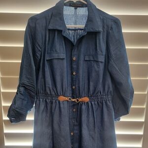 Denim Button-Up Dress with Tan Accents
